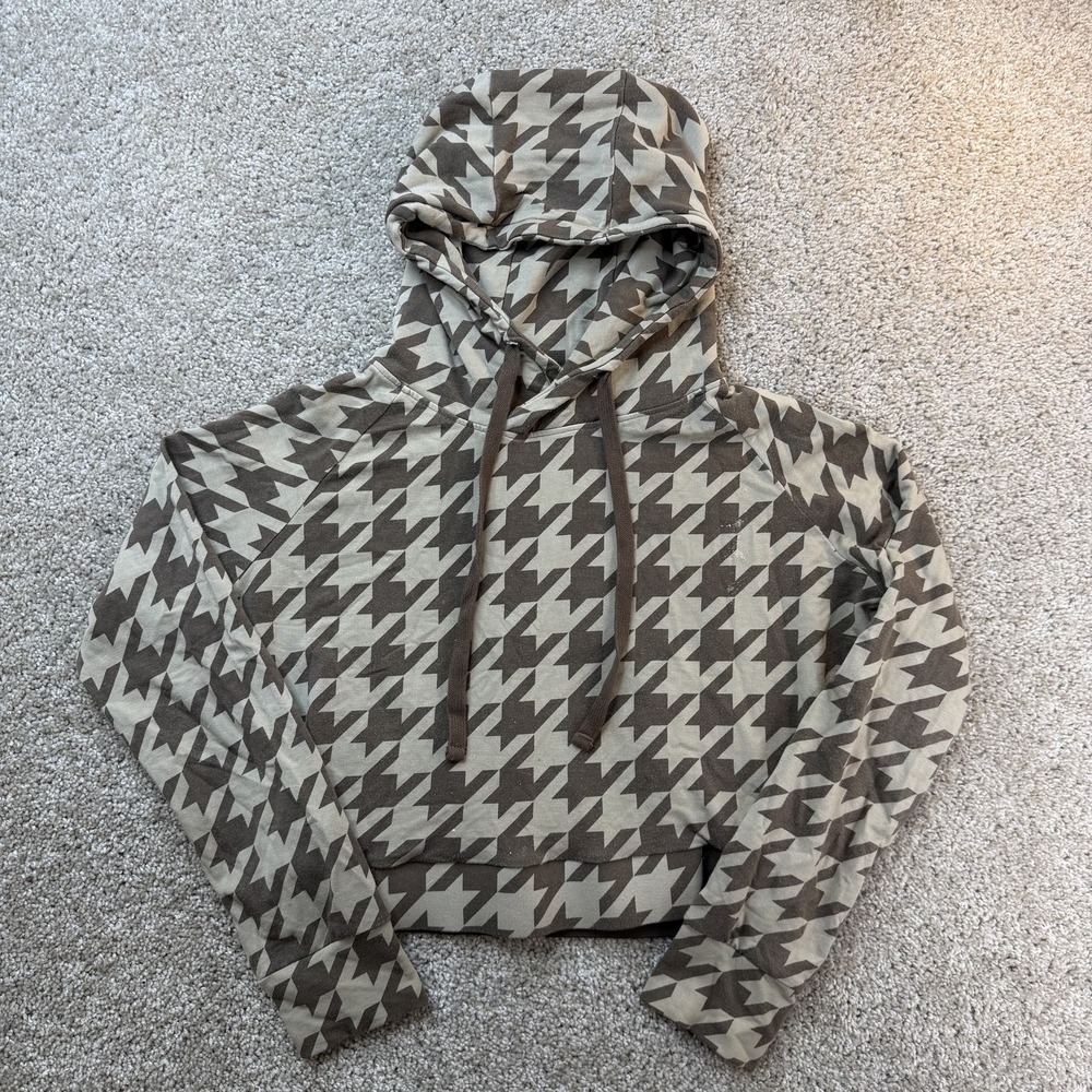 Mono B Hoodie Womens Large Brown Houndstooth Cropped Stretch Dolman Pullover
